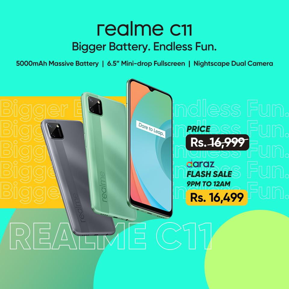 realme C11 launched with MediaTek G35 SoC at PKR. 16,999 Trendier design with Dual camera . realme C series redefined. Only 16,499 at Daraz Flash Sale Tonight!