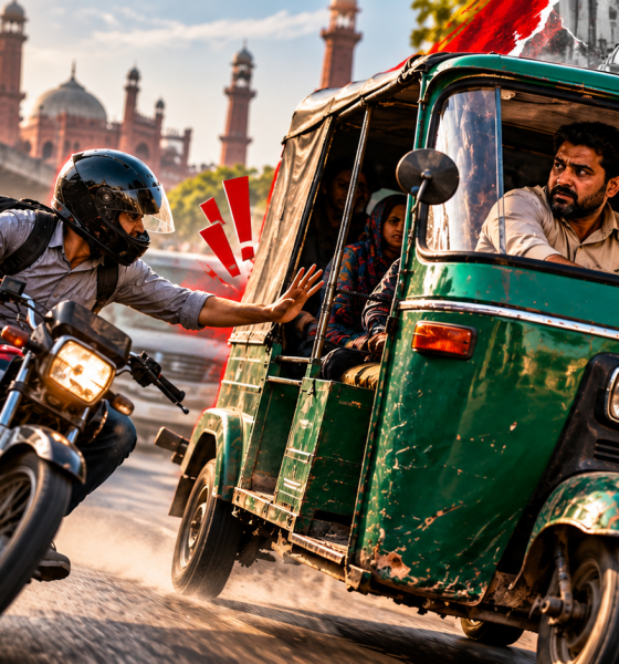 Rickshaw and motorcycles on a busy Pakistani road