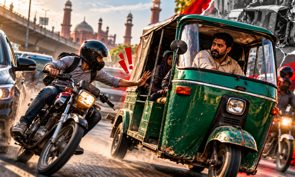 Rickshaw and motorcycles on a busy Pakistani road