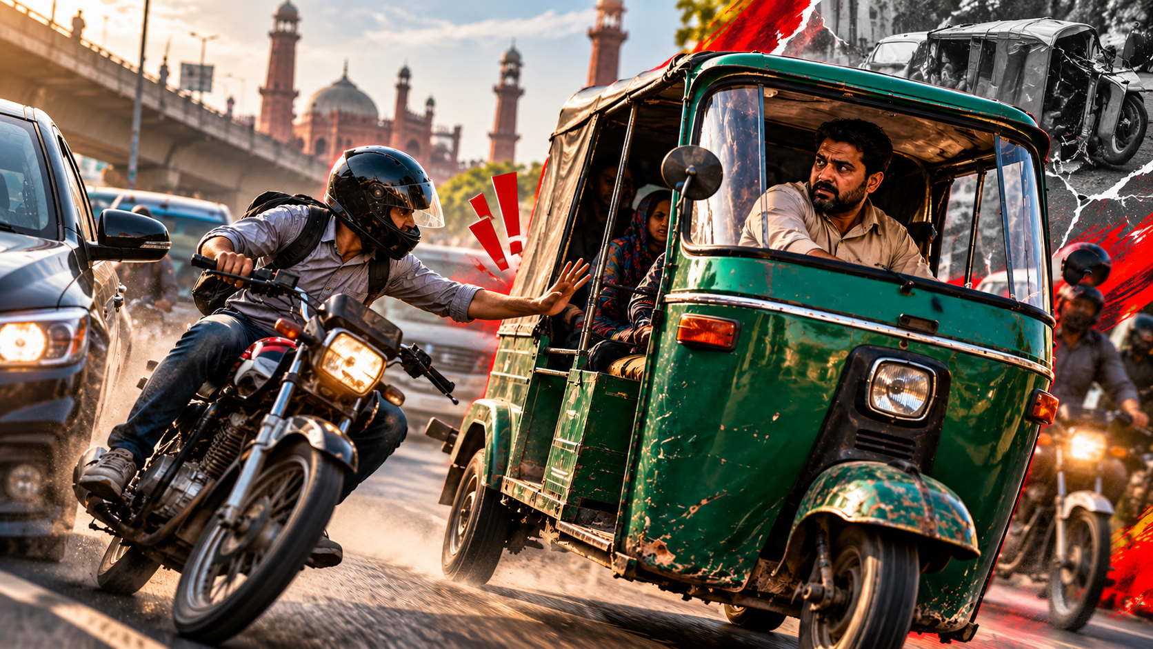 Rickshaw and motorcycles on a busy Pakistani road