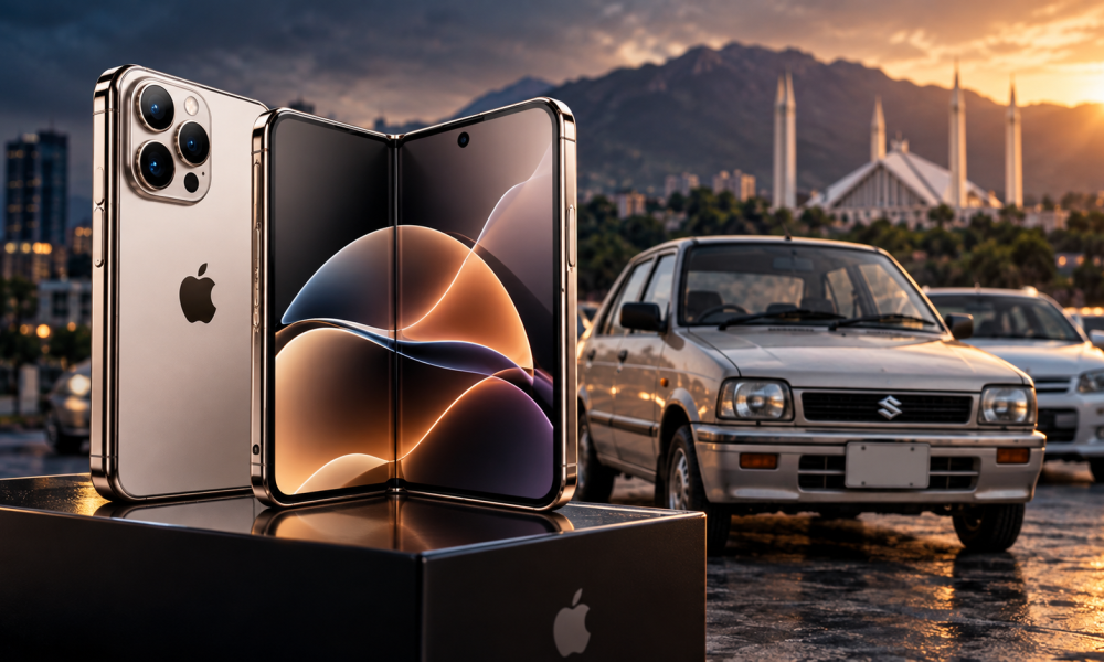 Apple iPhone Duo foldable smartphone showing its dual-screen design as prices in Pakistan reach nearly Rs15 lakh.