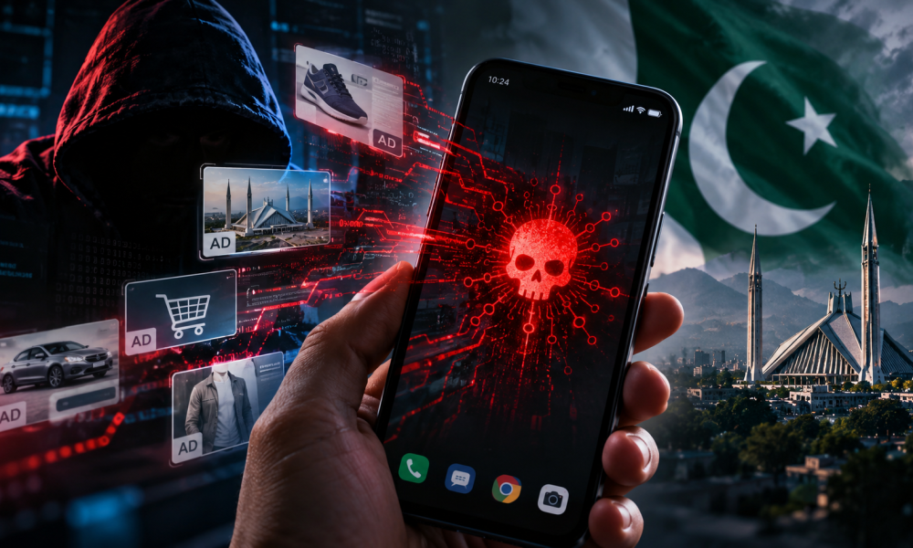 Smartphone showing a cybersecurity warning about zero-click spyware attacks through targeted online advertisements in Pakistan.