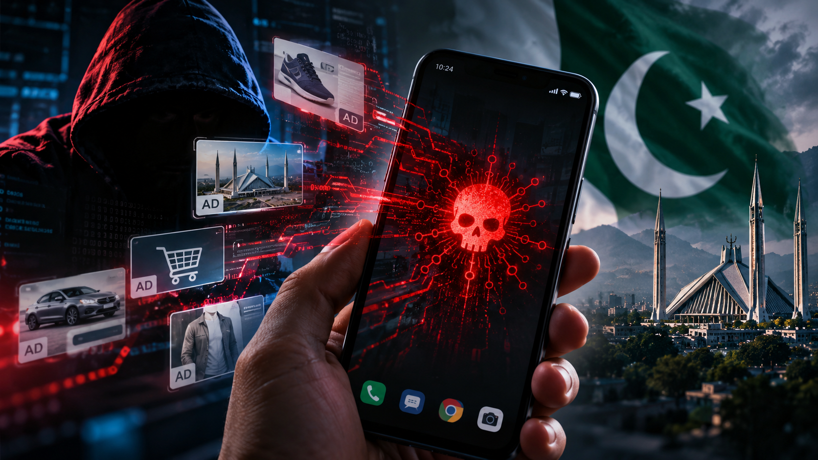 Smartphone showing a cybersecurity warning about zero-click spyware attacks through targeted online advertisements in Pakistan.