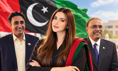 Pakistani actress Aymen Saleem joins PPP during a press conference in Karachi alongside party leader Nisar Ahmed Khuhro.