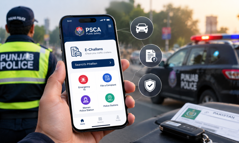Punjab e-challan check online using the PSCA Public Safety App on a smartphone to verify traffic fines.