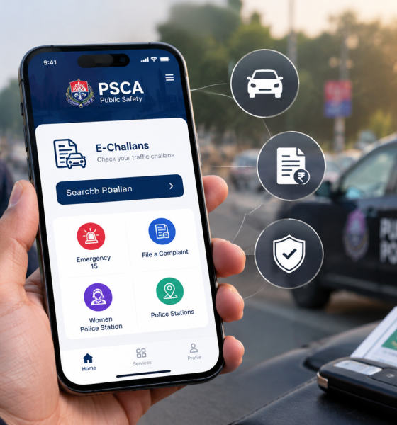 Punjab e-challan check online using the PSCA Public Safety App on a smartphone to verify traffic fines.