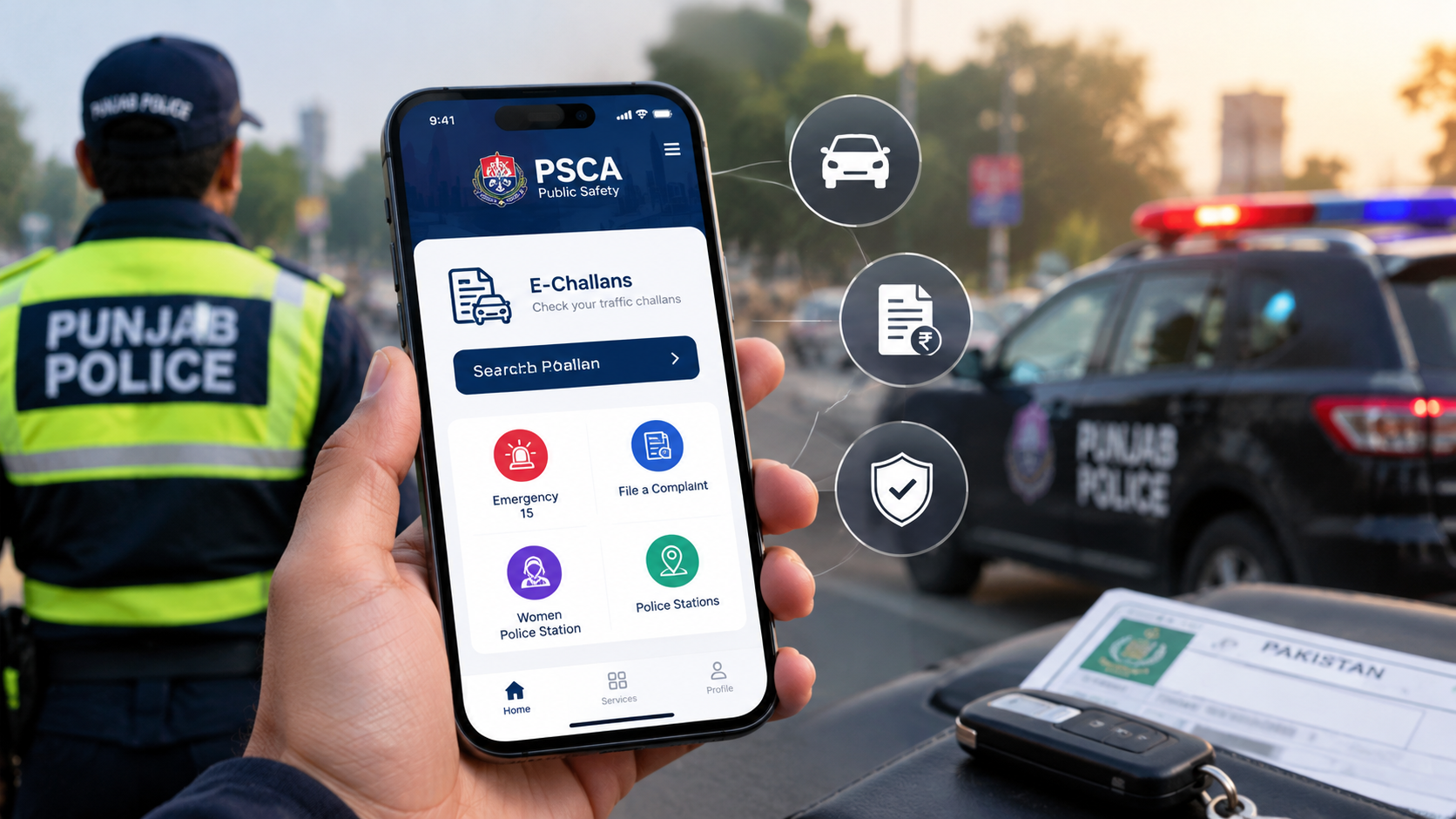 Punjab e-challan check online using the PSCA Public Safety App on a smartphone to verify traffic fines.