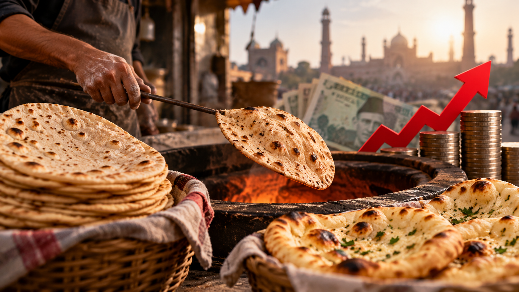 Fresh roti and naan being prepared at a traditional Lahore tandoor amid rising flour and LPG costs.