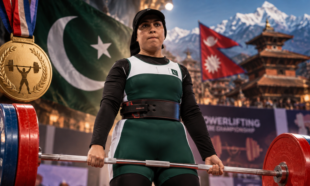 Pakistani powerlifter Ayesha Hassan competing in an international powerlifting championship in Nepal, where she won a gold medal in Masters Category 1.