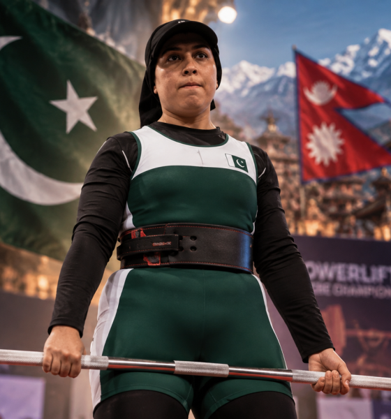 Pakistani powerlifter Ayesha Hassan competing in an international powerlifting championship in Nepal, where she won a gold medal in Masters Category 1.