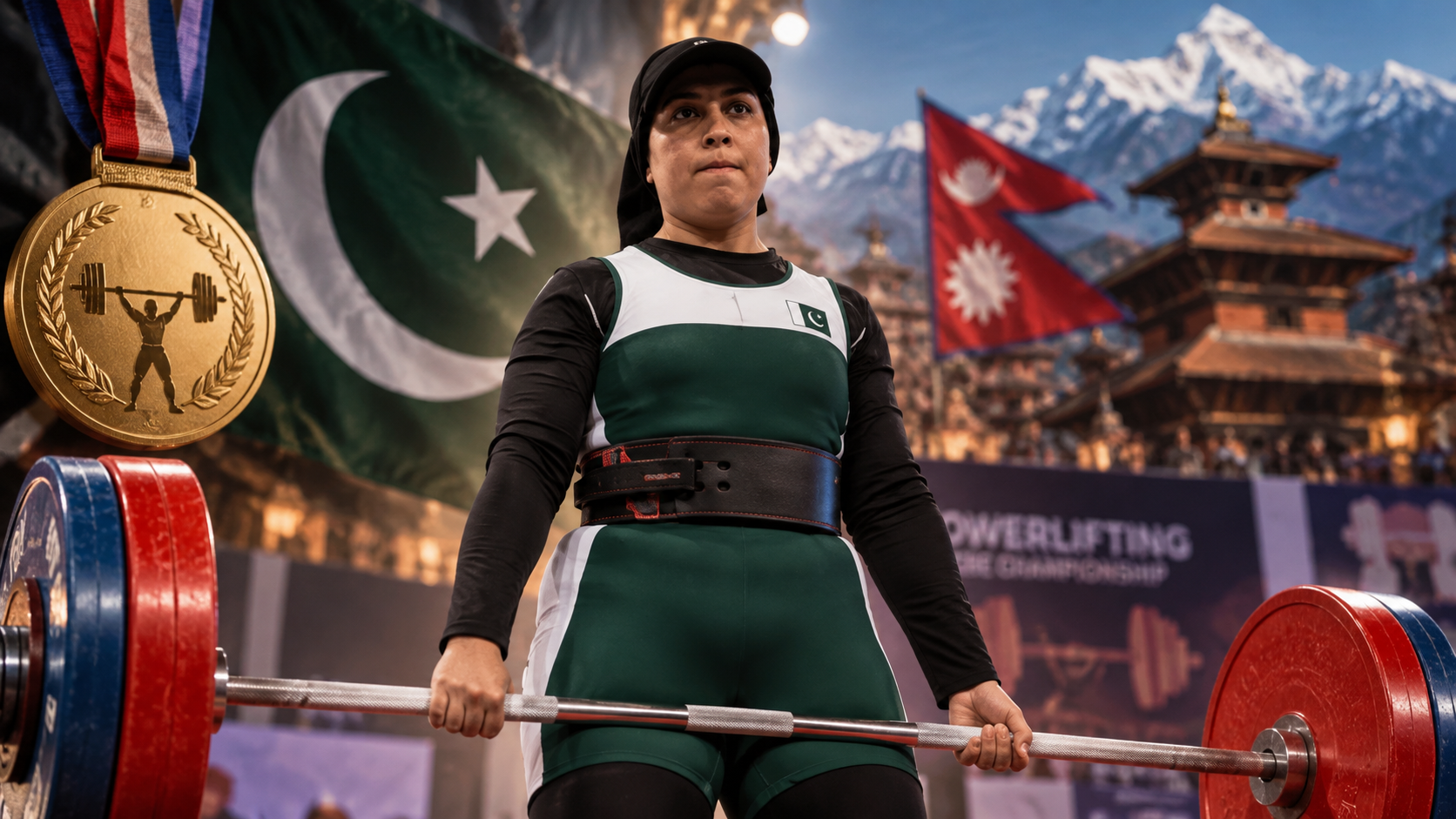 Pakistani powerlifter Ayesha Hassan competing in an international powerlifting championship in Nepal, where she won a gold medal in Masters Category 1.